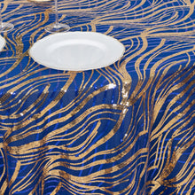Royal Blue Gold Wave Mesh Round Tablecloth With Embroidered Sequins - 120inch