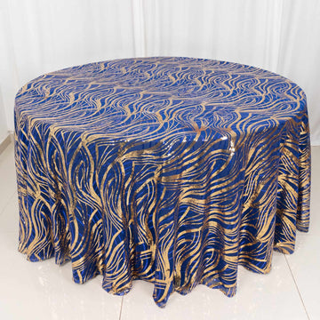 Royal Blue Gold Wave Mesh Round Tablecloth With Embroidered Sequins - 120"