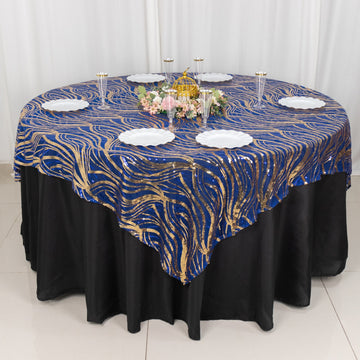 Royal Blue Wave Mesh Square Table Overlay With Embroidered Sequins 72"x72"