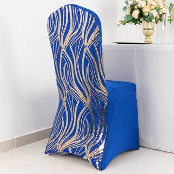 Elevate Your Event with the Royal Blue Gold Spandex Chair Cover