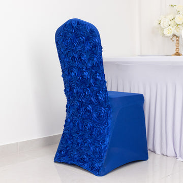 Elevate Your Event with the Royal Blue Satin Rosette Spandex Stretch Banquet Chair Cover