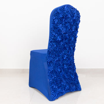 Unleash the Elegance with the Royal Blue Satin Rosette Spandex Stretch Banquet Chair Cover