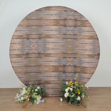 Rustic Brown Wood Round Spandex Fit Wedding Backdrop Stand Cover 7.5ft
