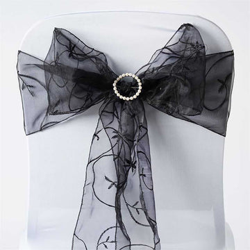 Add Elegance to Your Event with Black Embroidered Organza Chair Sashes