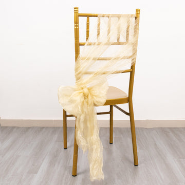 5 Pack Champagne Sheer Crinkled Organza Chair Sashes, Premium Shimmer Chiffon Layered Chair Sashes 6"x108"