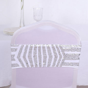 Elevate Your Event Decor with Silver Diamond Glitz Sequin White Spandex Chair Sash Bands