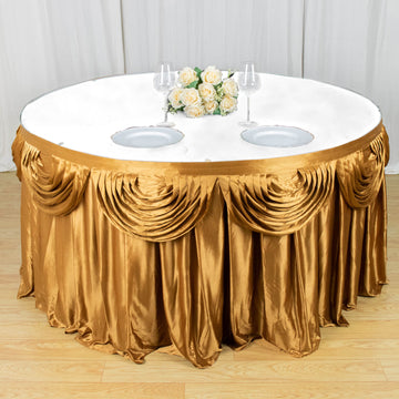 Create a Majestic Atmosphere with the Gold Pleated Satin Double Drape Table Skirt