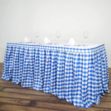 Elevate Your Event with the White/Blue Checkered Polyester Table Skirt