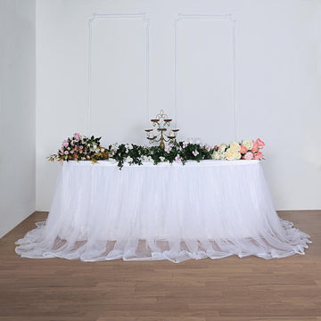 White Extra Long Two Layered Tulle and Satin Table Skirt 14ft 48"
