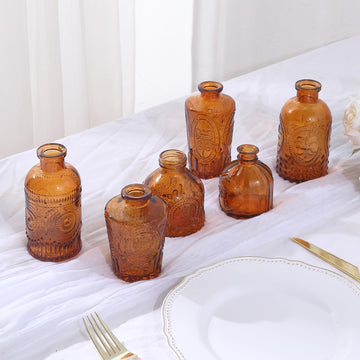 Vintage Embossed Amber Gold Glass Bud Vases - Timeless Elegance for Your Event Decor