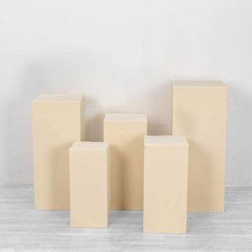 Set of 5 Beige Spandex Rectangular Plinth Display Box Stand Covers, Stretchable Pedestal Pillar Prop Covers - 160 GSM