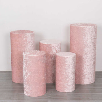 Elevate Your Showcase with Blush Crushed Velvet Cylinder Plinth Covers