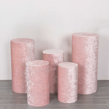 Set of 5 Blush Crushed Velvet Cylinder Plinth Display Box Stand Covers, Premium Pedestal Pillar Prop Covers