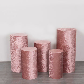 Set of 5 Dusty Rose Crushed Velvet Cylinder Plinth Display Box Stand Covers, Premium Pedestal Pillar Prop Covers