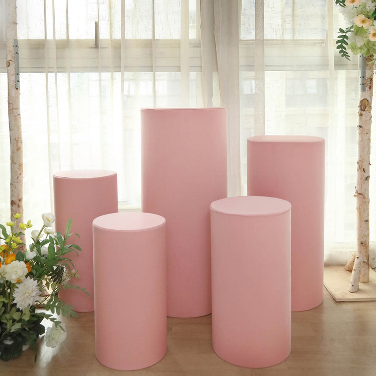 Set of 5 | Dusty Rose Spandex Cylinder Plinth Display Box Stand Covers, Pedestal Pillar Prop Covers