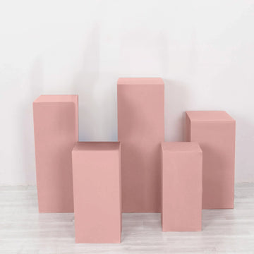 Set of 5 Dusty Rose Spandex Rectangular Plinth Display Box Stand Covers, Stretchable Pedestal Pillar Prop Covers - 160 GSM