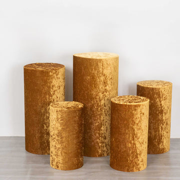 Set of 5 Gold Crushed Velvet Cylinder Plinth Display Box Stand Covers, Premium Pedestal Pillar Prop Covers
