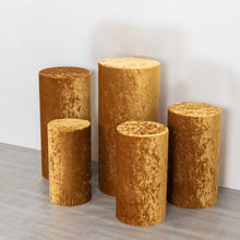 Set of 5 Gold Crushed Velvet Cylinder Plinth Display Box Stand Covers, Premium Pedestal Pillar Prop 