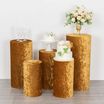Elevate Your Event Decor with Gold Crushed Velvet Cylinder Plinth Display Box Stand Covers