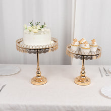 Set of 2 Gold Crystal Beaded Metal Pedestal Cake Stands With Mirror Top, Round Cupcake Holder