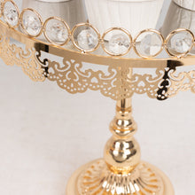 Set of 2 Gold Crystal Beaded Metal Pedestal Cake Stands With Mirror Top, Round Cupcake Holder