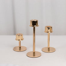 Set of 3 Gold Metal Taper Candlestick Holders, Hurricane Candle Stands with Round Base