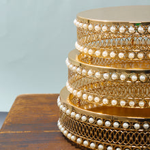 Set of 3 Pearl Beaded Gold Metal Cake Stands, Stackable Round Cupcake Holder Dessert Display Stands