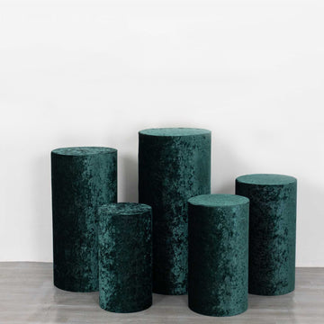 Set of 5 Hunter Emerald Green Crushed Velvet Cylinder Plinth Display Box Stand Covers, Premium Pedestal Pillar Prop Covers