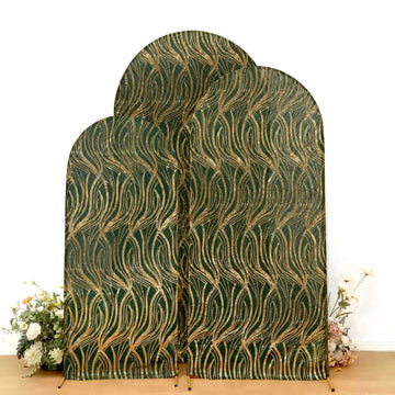 Set of 3 Hunter Emerald Green Wave Mesh Chiara Backdrop Stand Covers With Gold Embroidered Sequins, Fitted Covers For Round Top Wedding Arches - 5ft,6ft,7ft