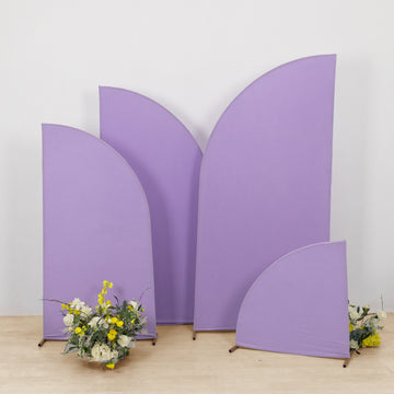 Elevate Your Wedding Decor with the Set of 4 Matte Lavender Lilac Fitted Spandex Half Moon Wedding Arch Covers