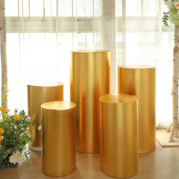 Set of 5 Metallic Gold Spandex Cylinder Display Box Stand Covers, Shiny Stretchable Pedestal Pillar Prop Covers 130 GSM