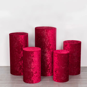 Set of 5 Red Crushed Velvet Cylinder Plinth Display Box Stand Covers, Premium Pedestal Pillar Prop Covers