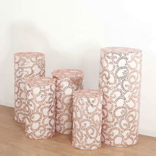 Set of 5 Rose Gold Sequin Mesh Cylinder Display Box Stand Covers with Leaf Vine Embroidery