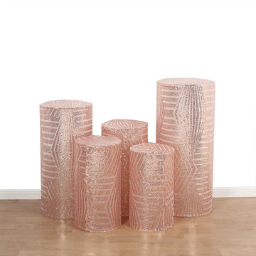 Set of 5 Rose Gold Sequin Mesh Cylinder Display Box Stand Covers with Geometric Pattern Embroidery, Sparkly Sheer Tulle Pedestal Pillar Prop Covers