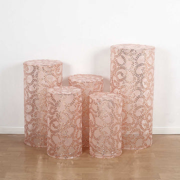 Set of 5 Rose Gold Sequin Mesh Cylinder Display Box Stand Covers with Leaf Vine Embroidery, Sparkly Sheer Tulle Pedestal Pillar Prop Covers