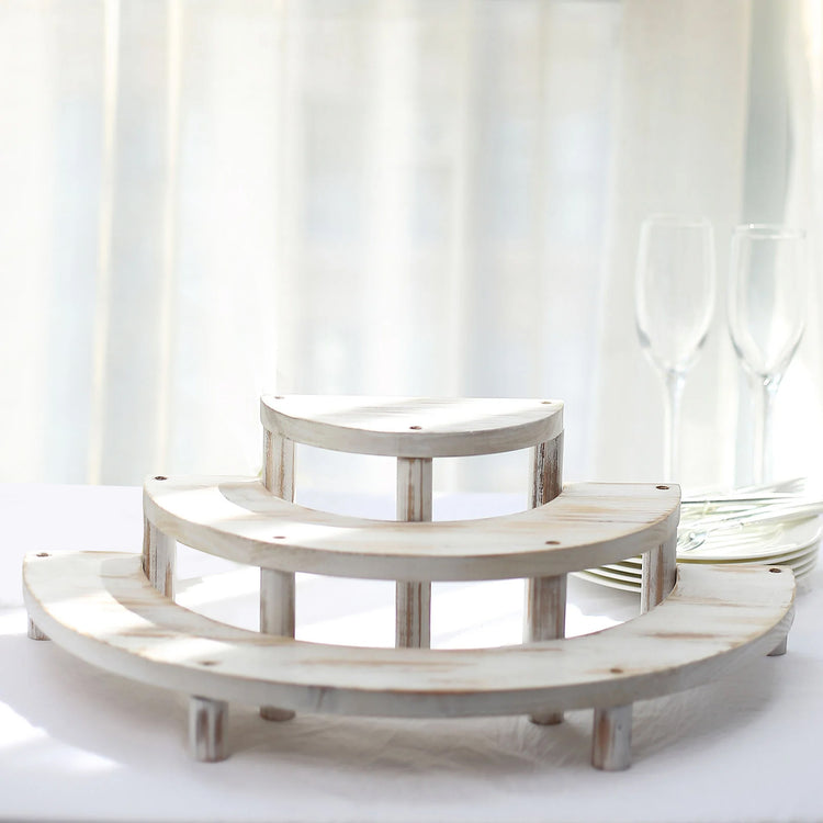 Set of 3 | Rustic Whitewashed Wood 3-Tier Semicircle Dessert Pedestals