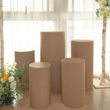 Set of 5 Taupe Spandex Cylinder Plinth Display Box Stand Covers, Stretchable Pedestal Pillar Prop Covers 160 GSM