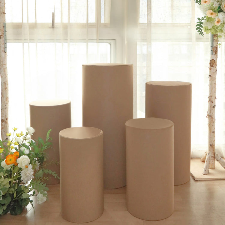 Set of 5 | Taupe Spandex Cylinder Plinth Display Box Stand Covers, Pedestal Pillar Prop Covers