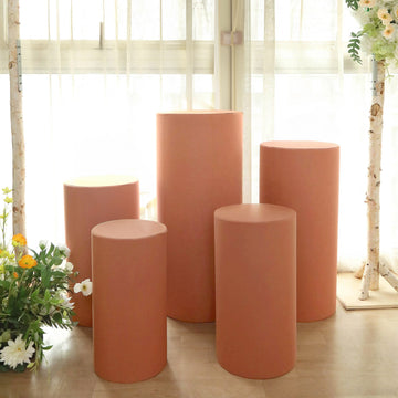 Set of 5 Terracotta (Rust) Spandex Cylinder Plinth Display Box Stand Covers, Stretchable Pedestal Pillar Prop Covers 160 GSM