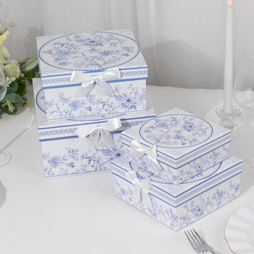 Set of 4 White Blue Chinoiserie Nesting Gift Boxes With Lids, Square Stackable Heavy Duty Cardstock Keepsake Boxes, Cupcake Dessert Display Stand - 6",7",8",9"