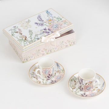 Blush Floral Design Bridal Shower Gift Set, Set of 2 Porcelain Espresso Cups and Saucers with Matching Gift Box
