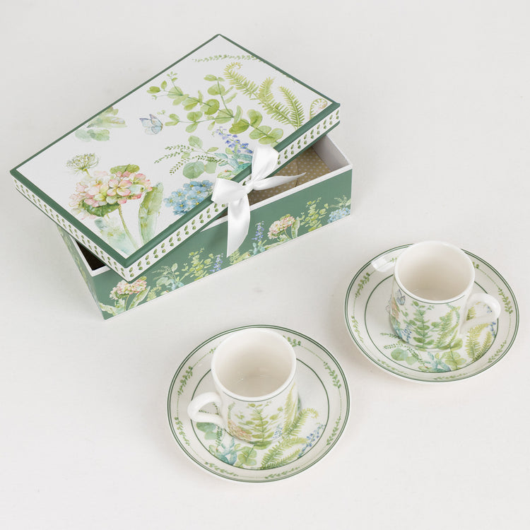 Greenery Theme Bridal Shower Gift Set, Set of 2 Porcelain Espresso Cups and Saucers with Gift Box