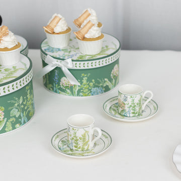 Stunning White Green Leaves Design Porcelain Tea Cups and Ceramic Espresso Cups with Gift Box