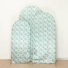 Set of 3 White Green Satin Chiara Backdrop Stand Covers With Eucalyptus Leaves Print, Fitted Covers
