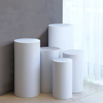Set of 5 White Metal Cylinder Prop Pedestal Stands For Wedding Aisle, Round Plinth Pillar Display Boxes