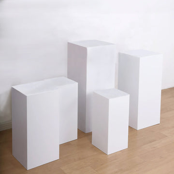 Set of 5 White Metal Rectangular Prop Pedestal Stands For Aisle Decor, Plinth Pillar Display Boxes