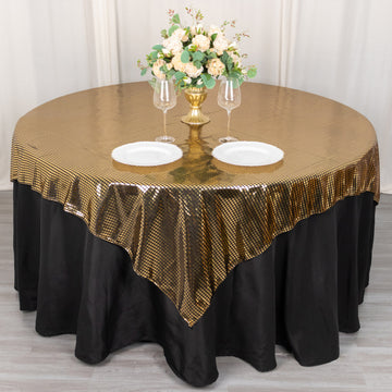Shiny Black Gold Foil Polyester Table Overlay Disco Mirror Ball Theme, Linen Table Topper 72"x72"