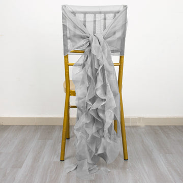 Elevate Your Event Decor with the Silver Chiffon Curly Chair Sash
