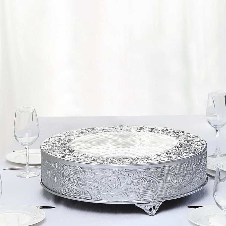 Silver Embossed Round Matte Metal Pedestal Cake Stand Riser 18 Inch
