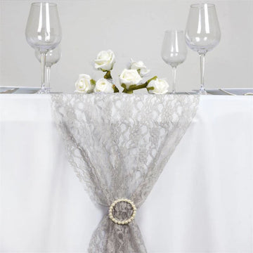 Elevate Your Table Setting with the Silver Floral Lace Table Runner